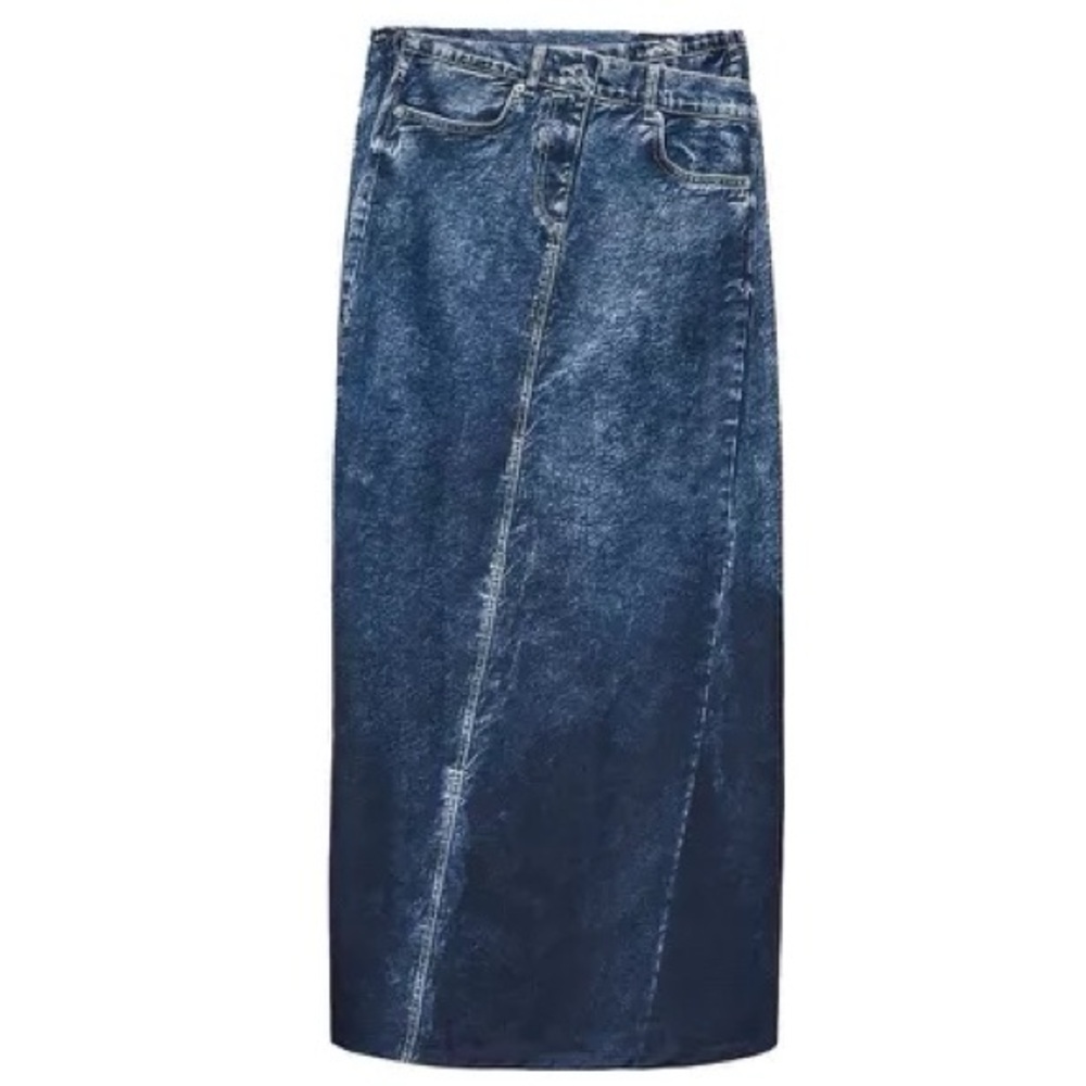 💕 ZARA denim look skirt NEW size S illusion midi jean print pencil, cowgirl